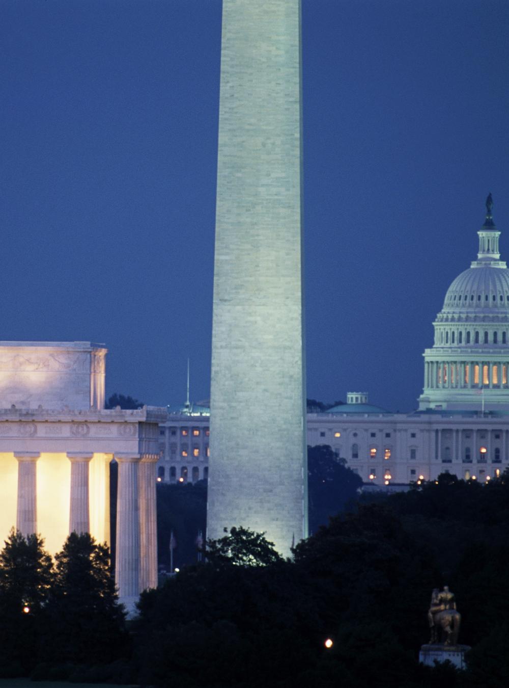 Washington, D.C., skyline with Lincoln Memorial, Washington Monument, and Capitol building