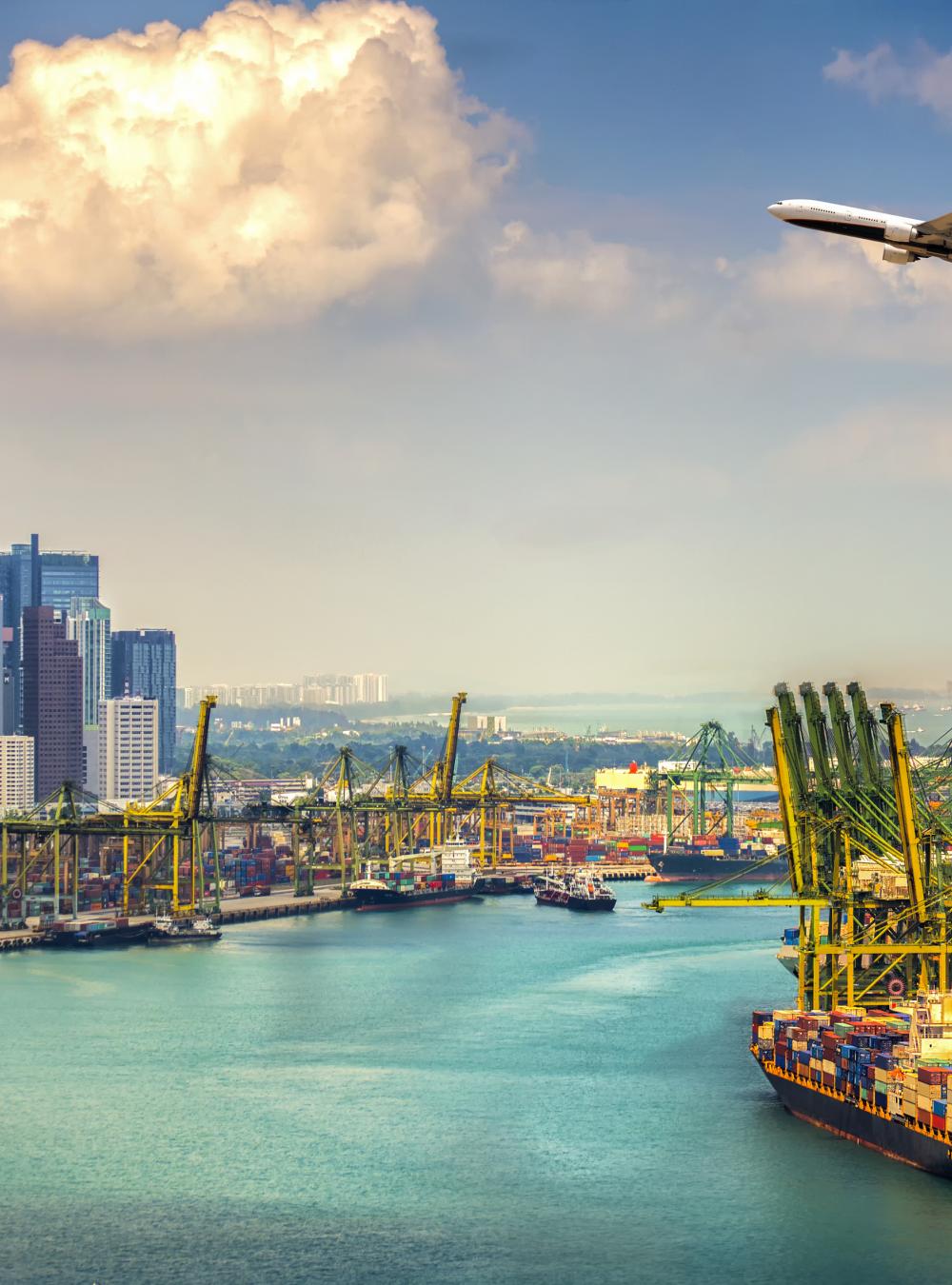 Singapore skyline with airplane flying overhead