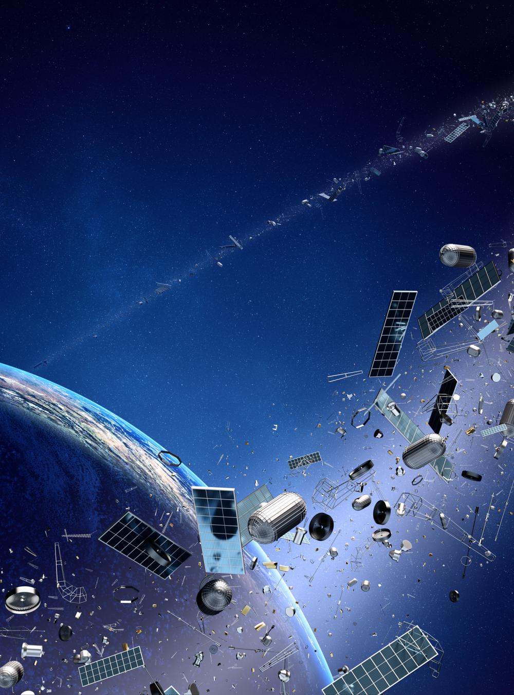 Rendering of Earth with a ring of space junk floating around it