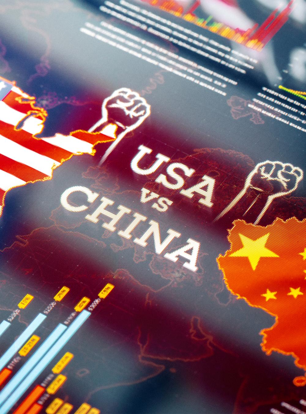 Digital screen showing USA and China