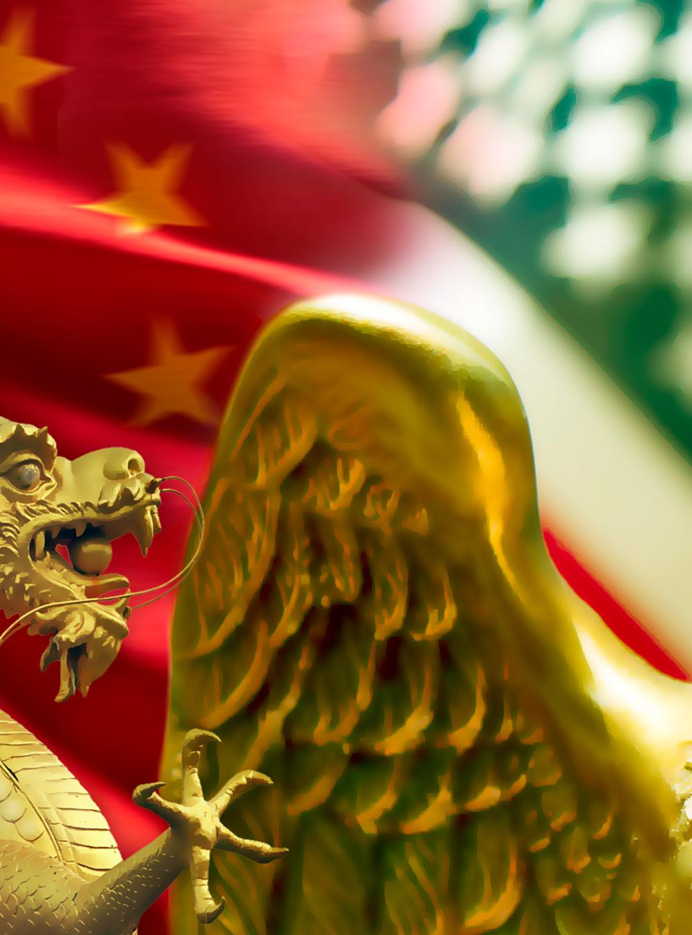 Flags and gold figures representing China and United States