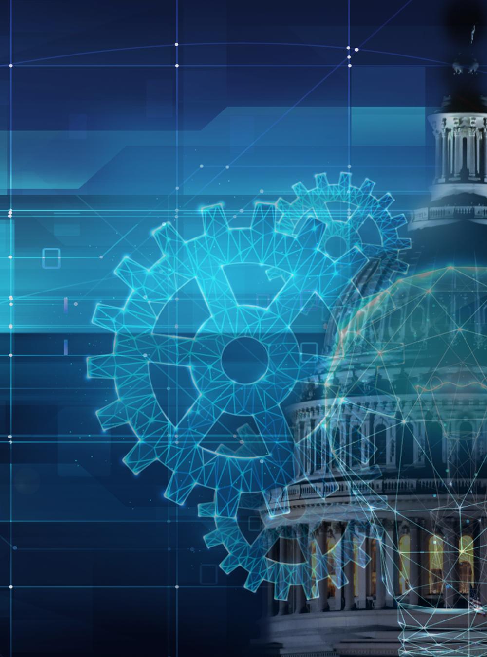 U.S. Capitol overlaid with cogs and lightbulb vector graphics