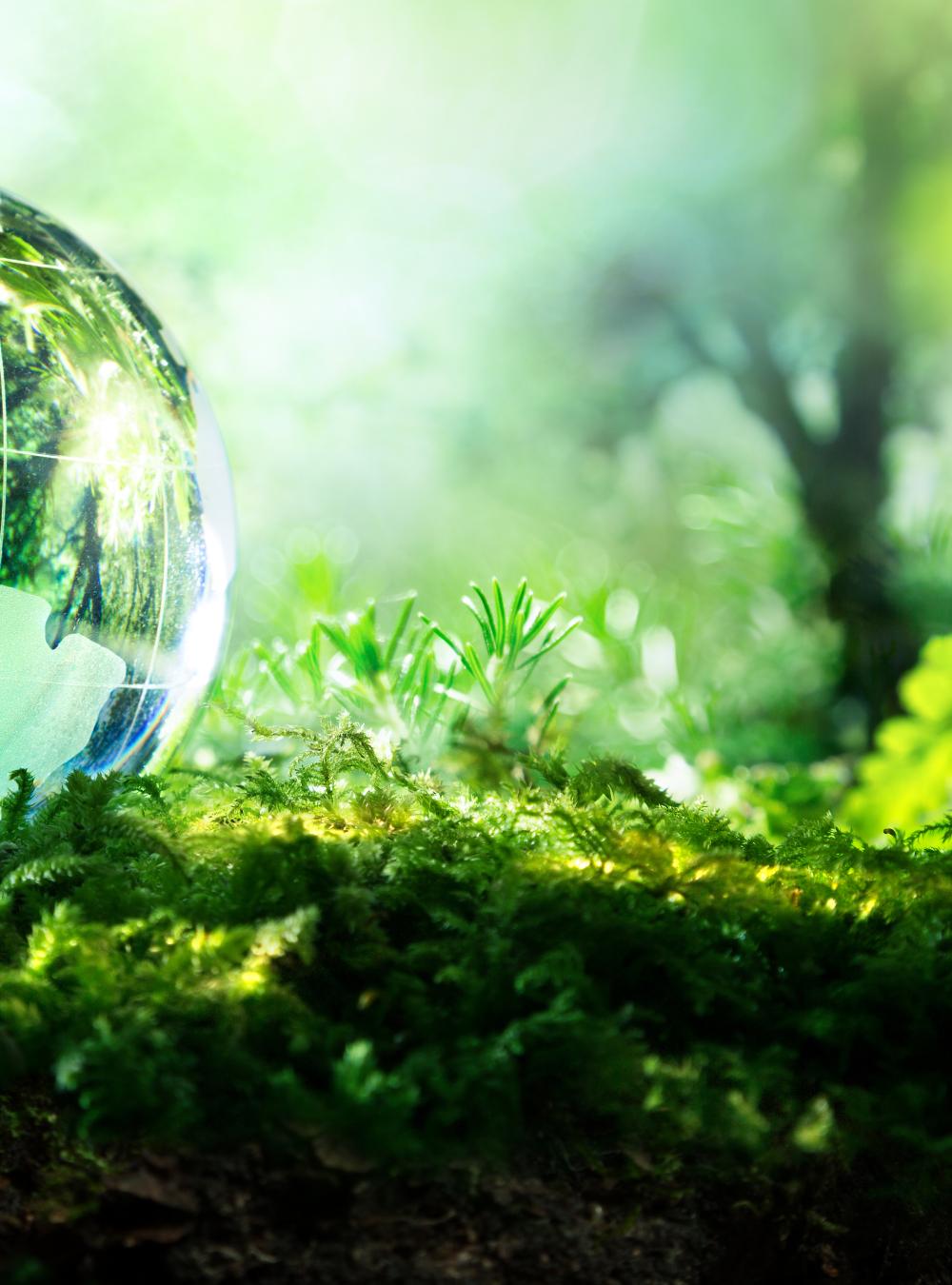 Glass marble resting on forest floor with sun shining down in the background