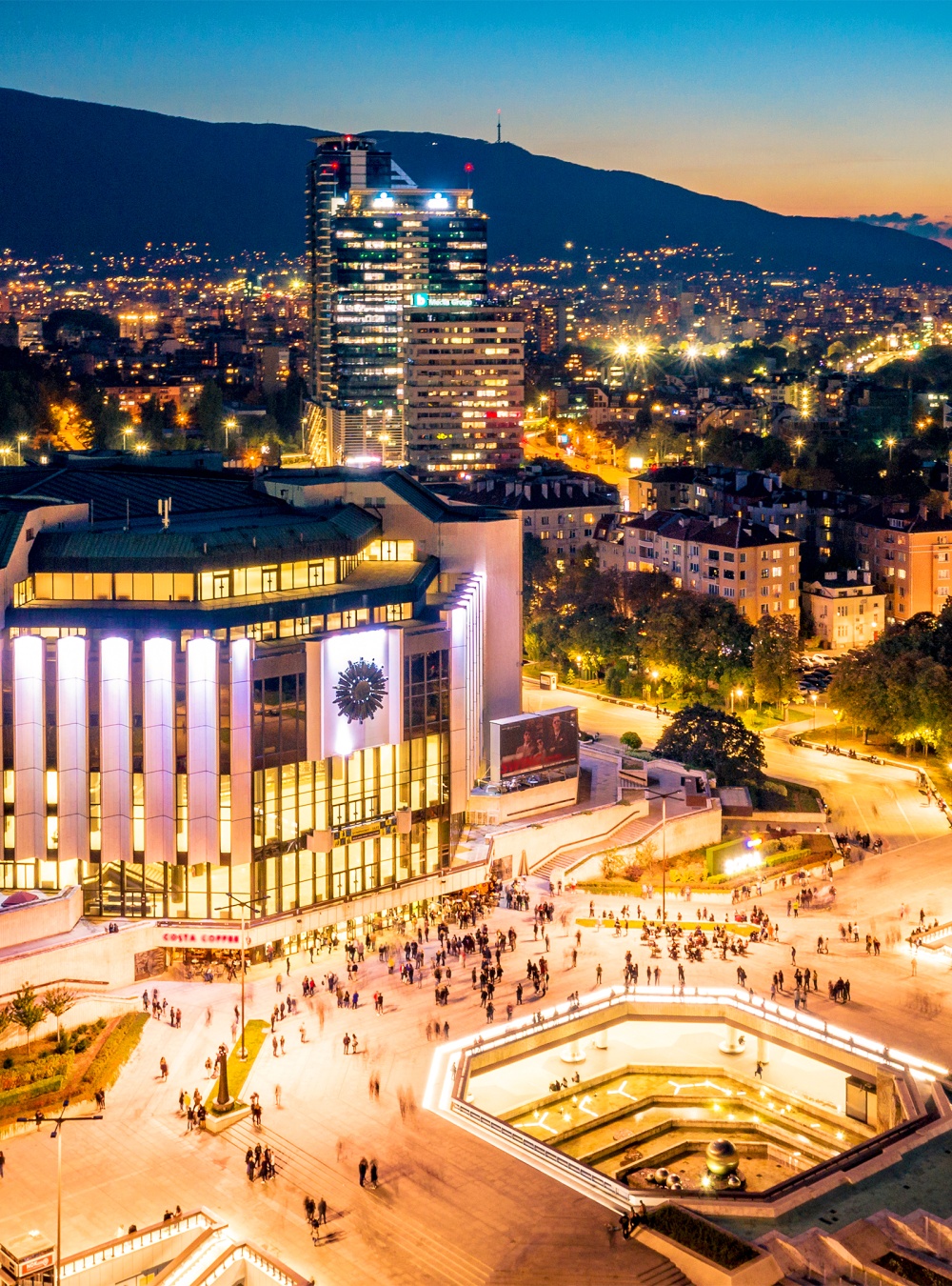 aerial view of a city at night