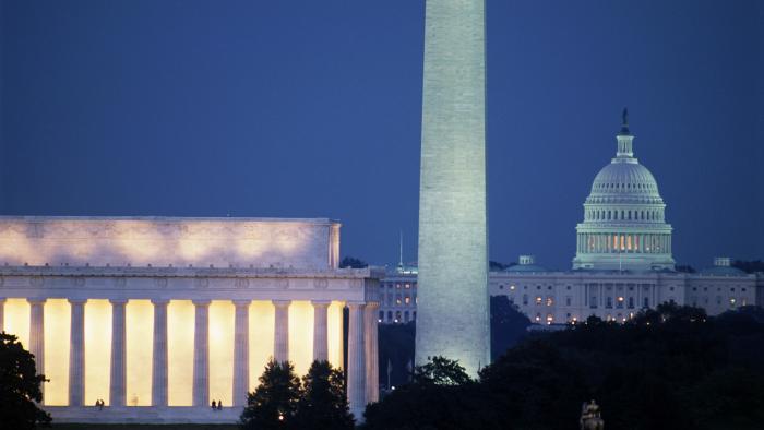 Washington, D.C., skyline with Lincoln Memorial, Washington Monument, and Capitol building