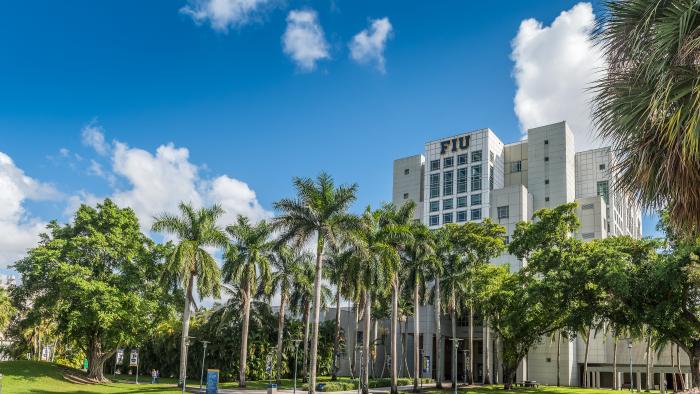 Florida International University campus on a sunny day featuring palm trees and campus buildings