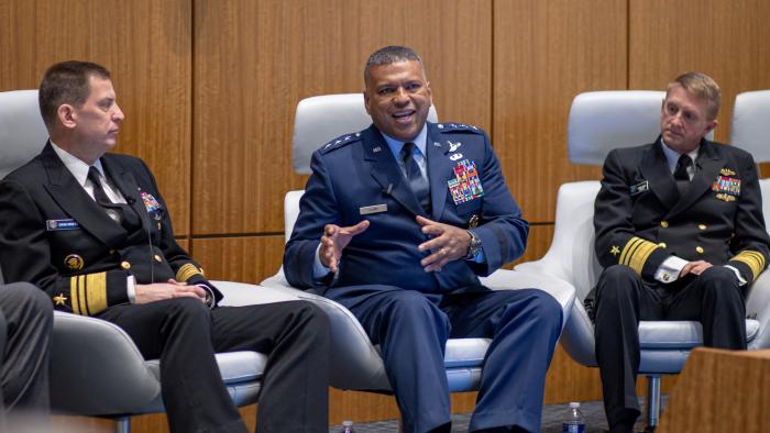 Navy Vice Admiral Dave Kriete, Air Force Lt. Gen. Richard M. Clark and Navy Vice Admiral Johnny Wolfe, Jr. on a panel at the Nuclear Modernization Seminar