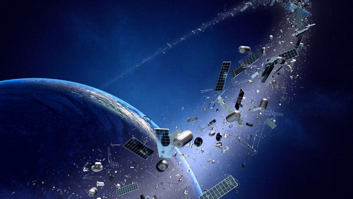 Rendering of Earth with a ring of space junk floating around it