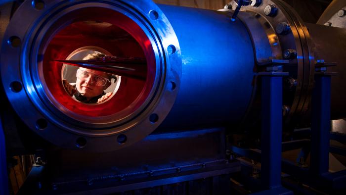 Air Force Cadet 2nd Class Eric Hembling uses a Ludwieg Tube to measure the pressures, temperatures and flow field of various basic geometric and hypersonic research vehicles