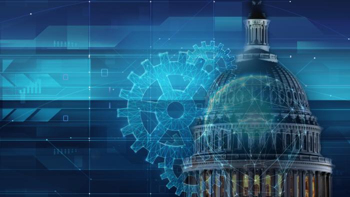 U.S. Capitol overlaid with cogs and lightbulb vector graphics