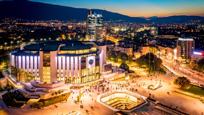 aerial view of a city at night