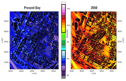 color charts showing difference in heat indexes between present day and forecast 2050